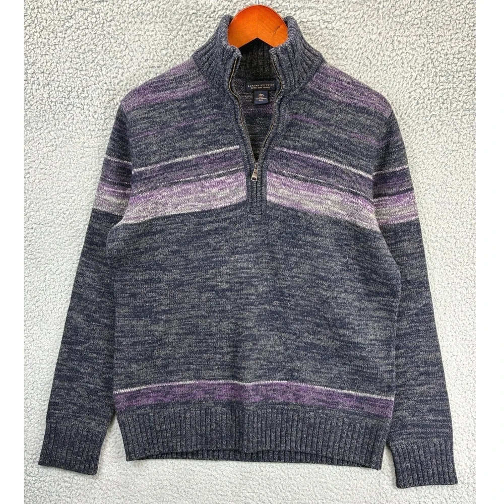 Banana Republic Half Zip Striped Sweater Mens L Gray Merino Wool Knit Pullover
